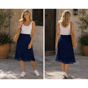 Drapers & Damons Vintage Blue Polka Dot Midi Skirt Petite 10P Chiffon A-Line